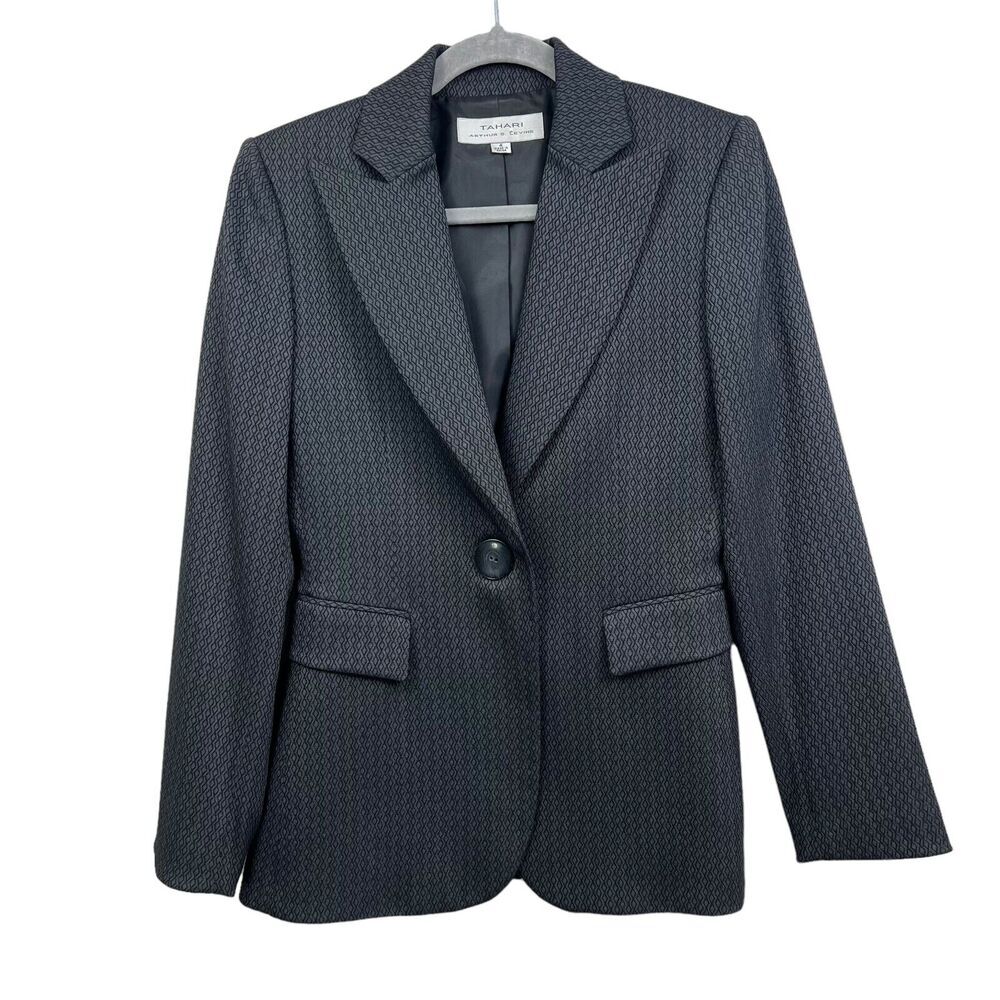 Tahari Arthur S. Levine Womens Blazer One Button Peak Collar Gray Textured Sz 4*